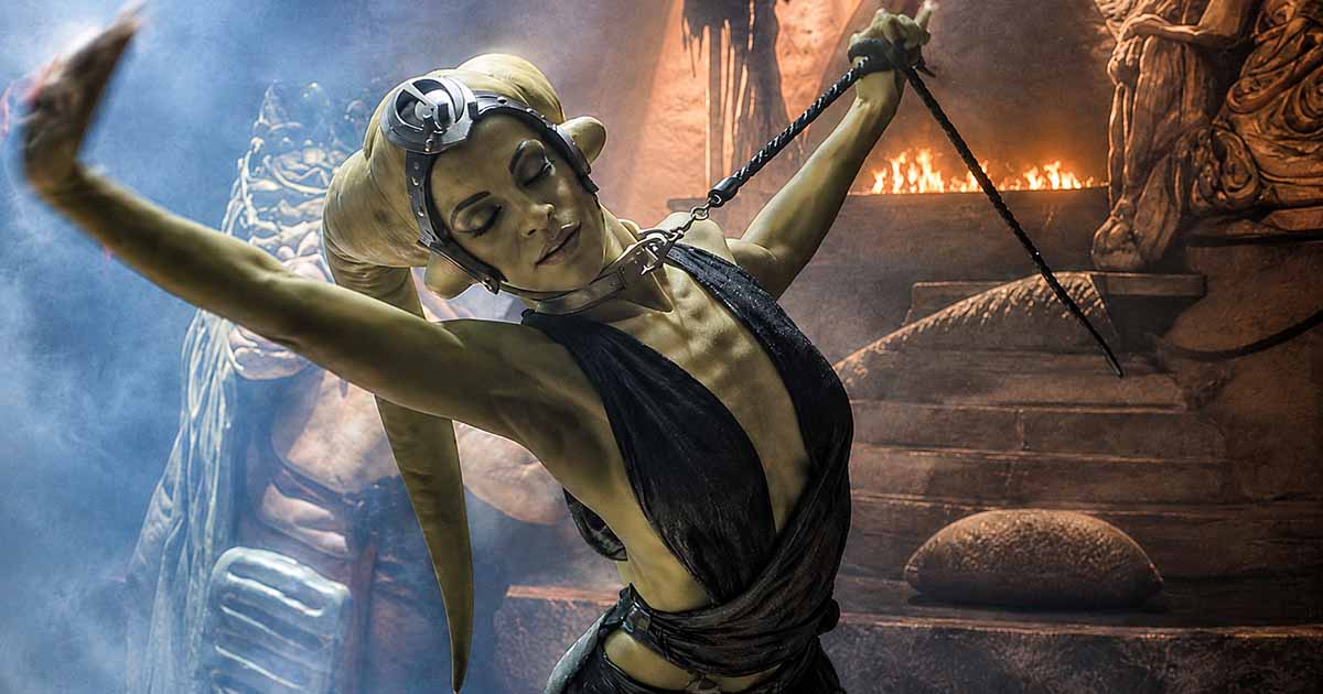 Oola the green-skinned Twi'lek dancing before Jabba the Hutt in "Return of the Jedi."