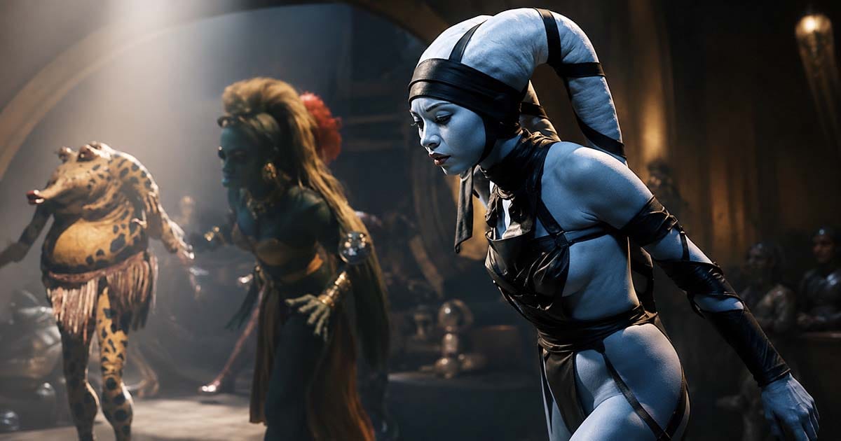 Pale blue-skinned Twi'lek inside Jabba's Palace in "Return of the Jedi."