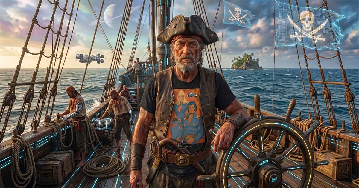 Futuristic pirate captain at the wheel of a sailing ship beneath alien skies.