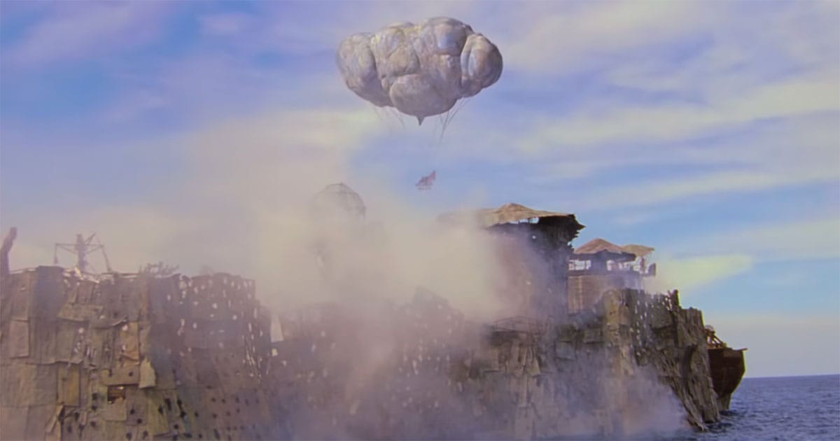 Balloon floating above the atoll in "Waterworld"