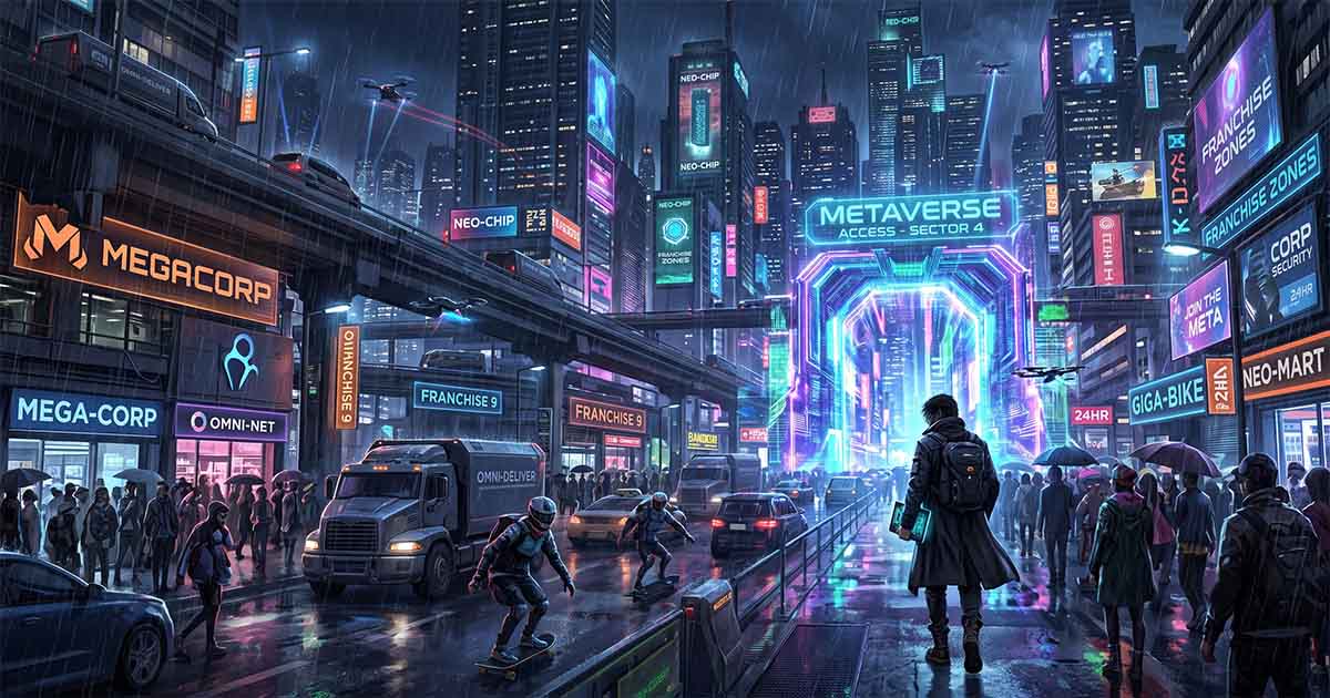 Cyberpunk city filled with corporate franchises, elevated highways, skateboard couriers, and a glowing gateway to the Metaverse in a rain-soaked futuristic streetscape.