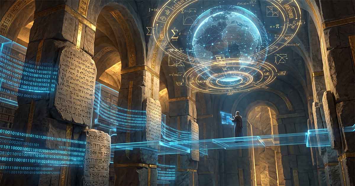 Ancient stone hall with cuneiform tablets, holographic data streams, and a glowing digital globe representing the intersection of mythology, language, and computer science.