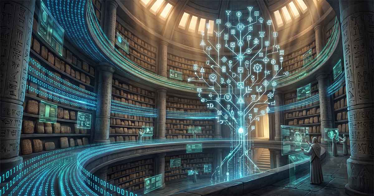 Circular stone library with cuneiform pillars, glowing streams of binary code, and a holographic tree symbolizing the connection between ancient knowledge and digital information.