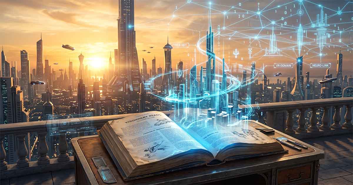 Open science fiction book with a holographic futuristic city rising from its pages against a sunrise skyline, symbolizing the enduring influence of visionary ideas on technology and culture.