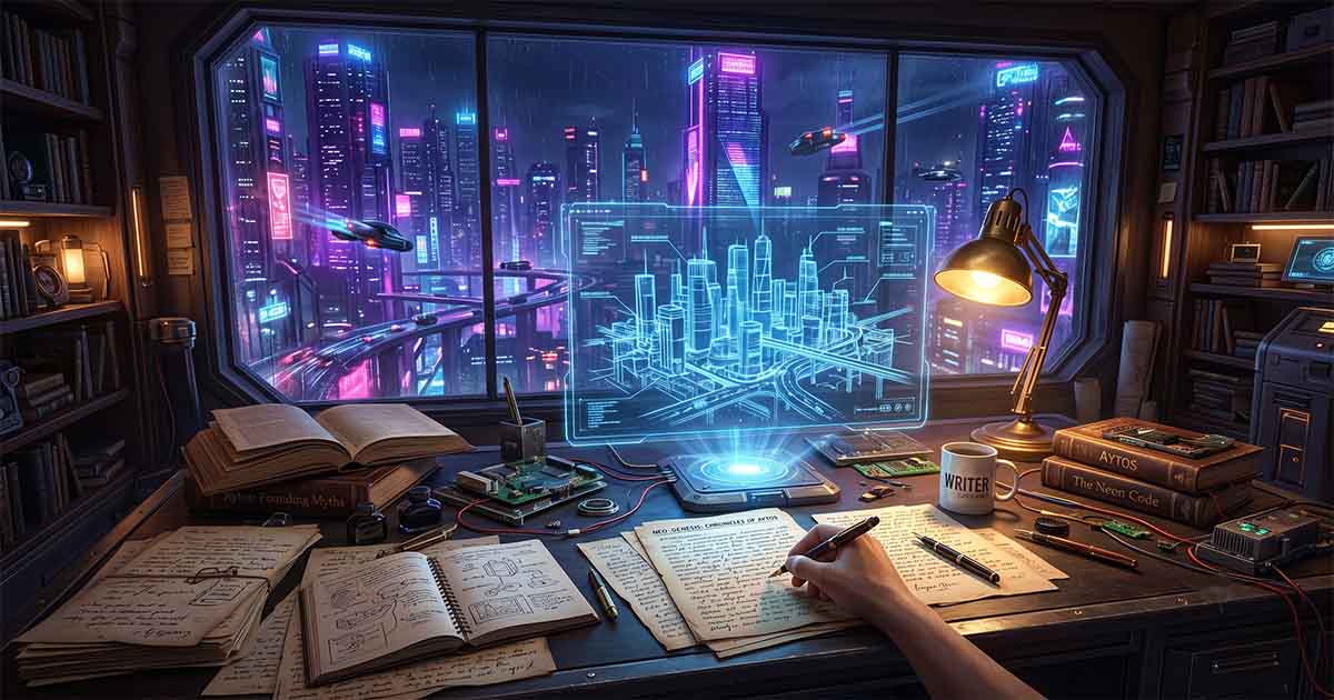Writer's desk with handwritten notes, books, electronic components, and a holographic blueprint of a futuristic city overlooking a neon cyberpunk skyline.