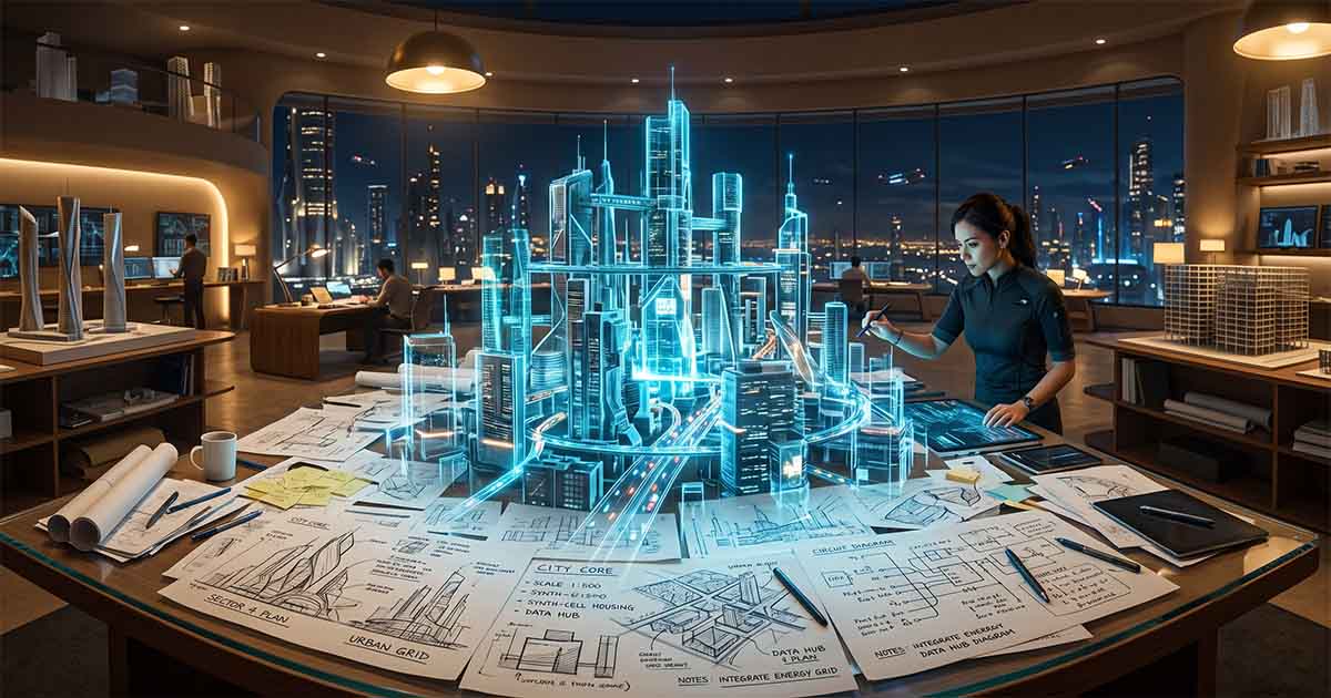 Writer's desk with handwritten notes, books, electronic components, and a holographic blueprint of a futuristic city overlooking a neon cyberpunk skyline.