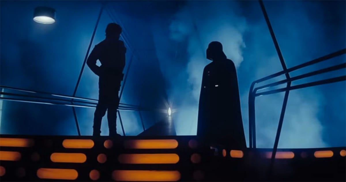 Luke Skywalker and Darth Vader face each other on the Emperor's throne room platform before their final duel in "Return of the Jedi."
