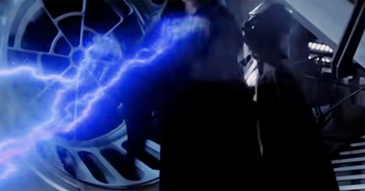 Darth Vader carries Emperor Palpatine toward the reactor shaft as Force lightning fills the throne room in "Return of the Jedi."