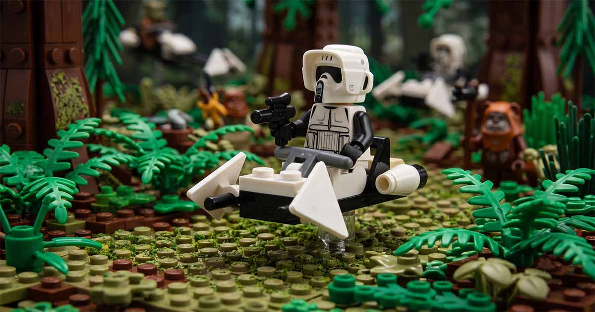 LEGO "Star Wars" Imperial Scout Trooper minifigure riding a speeder bike through the forests of Endor.
