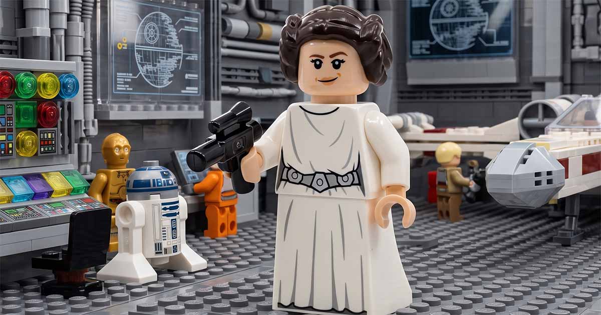 LEGO "Star Wars" Princess Leia Organa minifigure holding a blaster with R2-D2, C-3PO, and a Rebel Starfighter in the background.