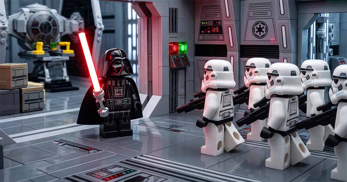LEGO "Star Wars" Darth Vader minifigure with a red lightsaber standing before a squad of Imperial Stormtroopers inside an Imperial base.