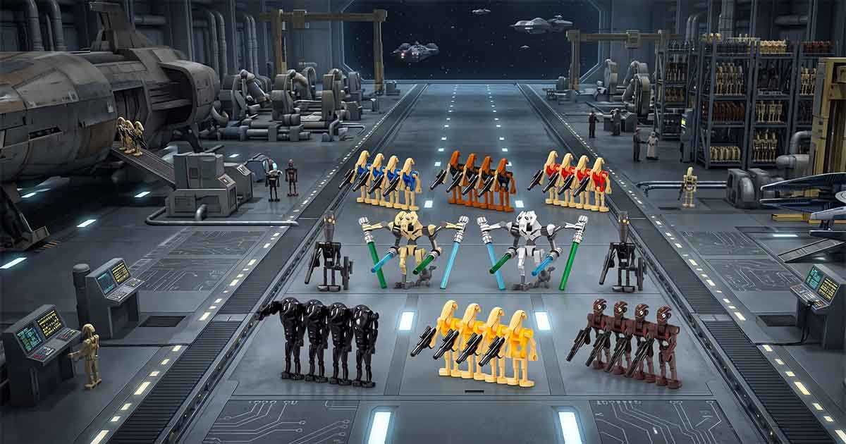 Battle droid and General Grievous style building block minifigures displayed inside a "Star Wars" inspired military hangar.