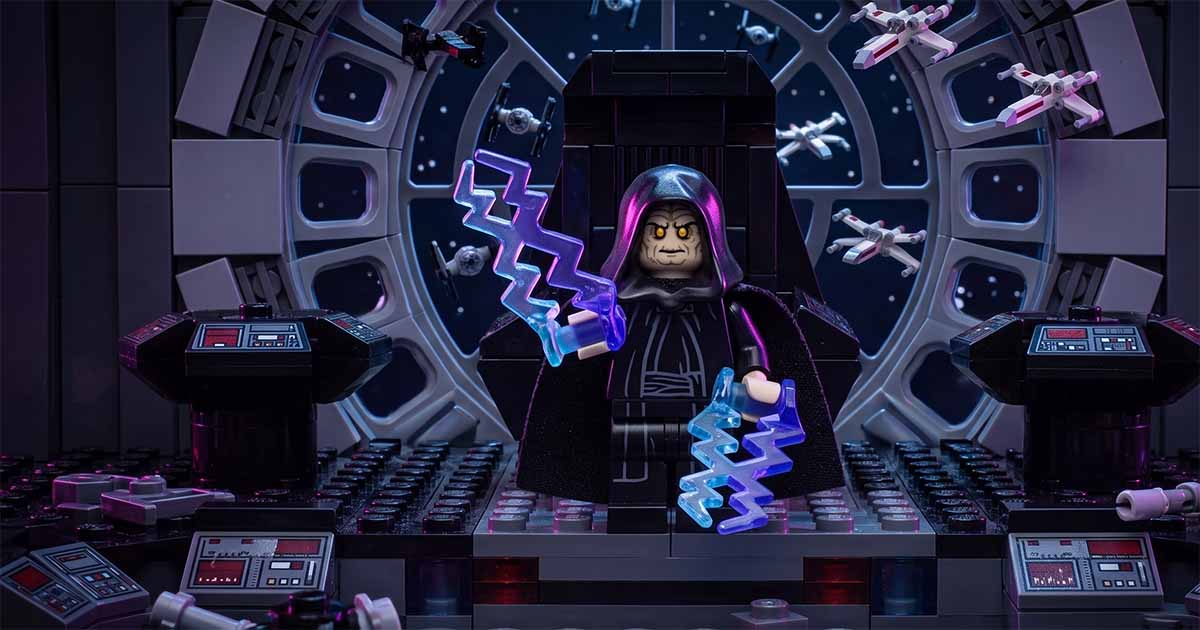 LEGO "Star Wars" Emperor Palpatine minifigure using Force lightning while seated on his Imperial throne aboard the Death Star.