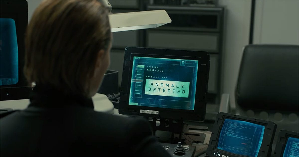 A monitor displays "Anomaly Detected" during K's Baseline Test in "Blade Runner 2049."