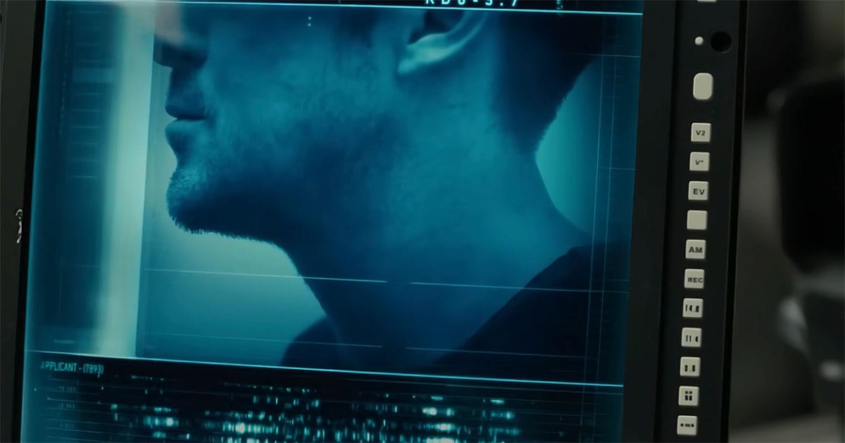 A monitor displays K's profile during the Baseline Test in "Blade Runner 2049."