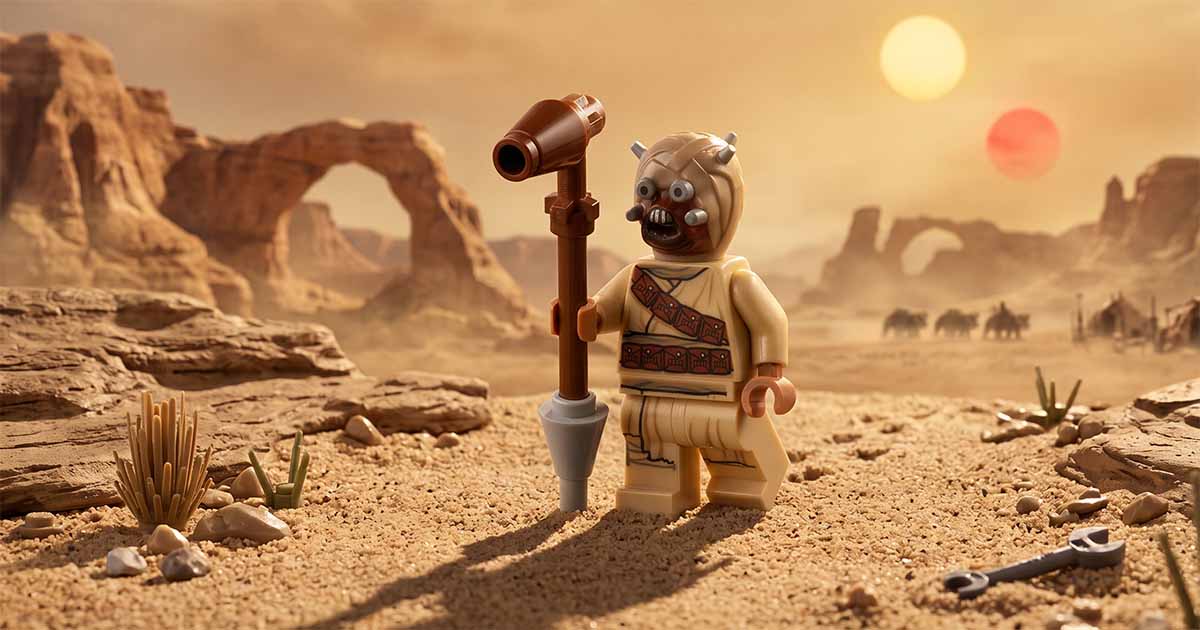 LEGO "Star Wars" Tusken Raider minifigure holding a Gaffi stick while standing in the desert landscape of Tatooine.