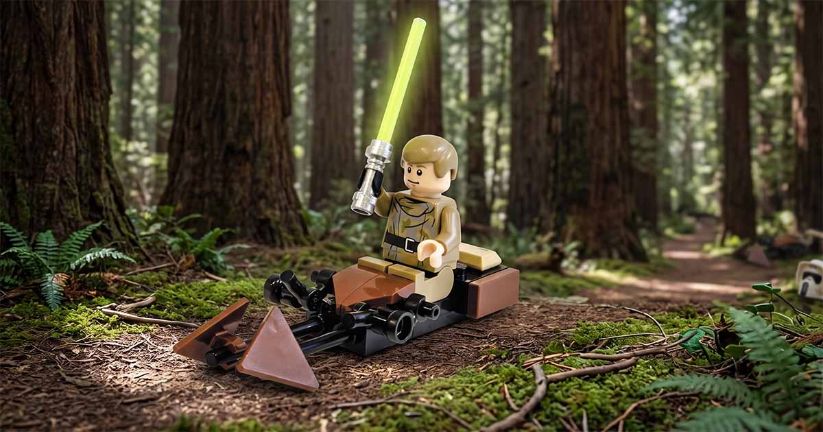 LEGO "Star Wars" Luke Skywalker in his Endor outfit riding a speeder bike through a forest with a green lightsaber.