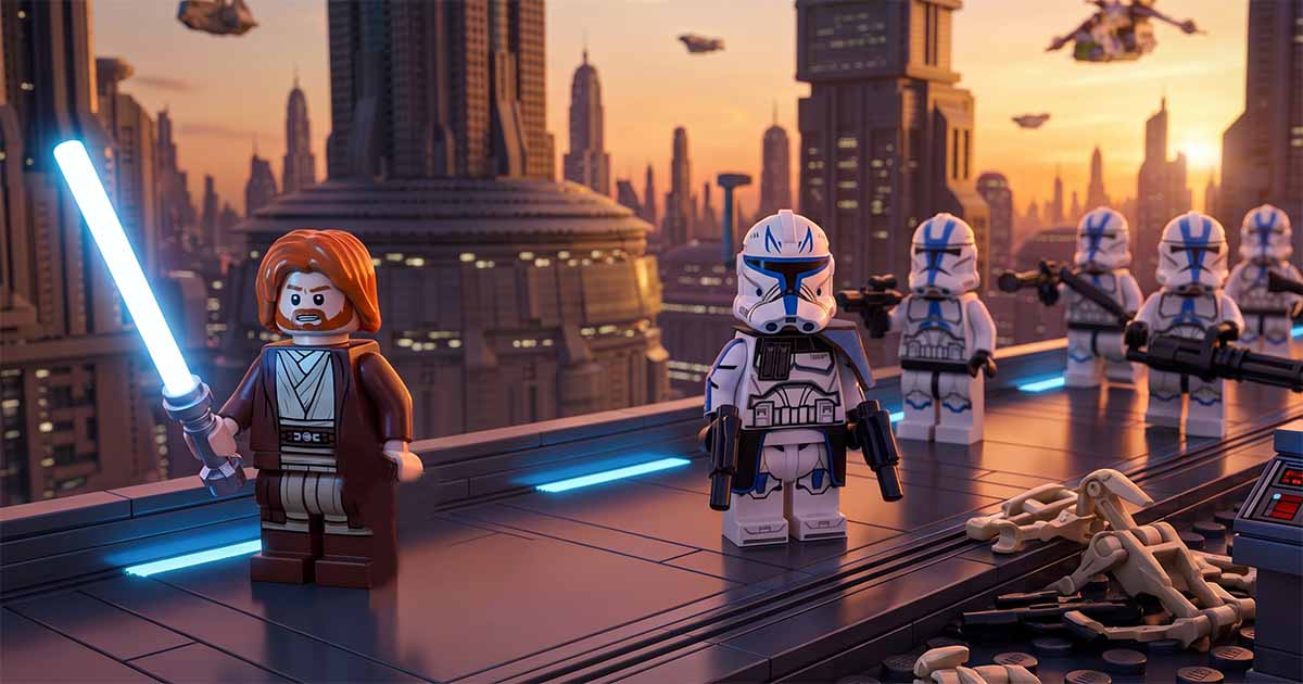 LEGO "Star Wars" Obi-Wan Kenobi minifigure with a blue lightsaber standing beside Clone Troopers on a futuristic city platform.