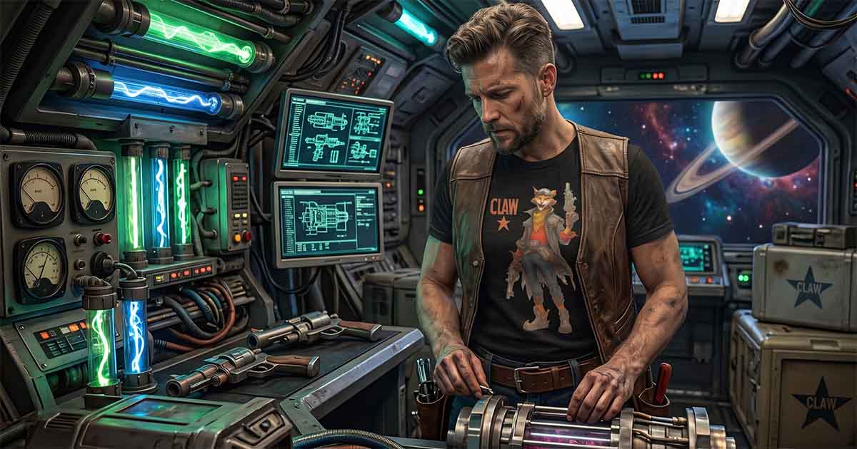 Captain Claw repairs a futuristic plasma weapon aboard the Hairball Express while drifting through deep space.