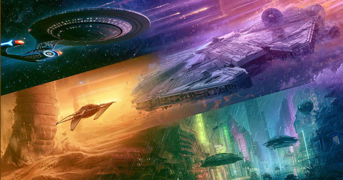 Collage featuring the USS Enterprise, the Millennium Falcon, an ornithopter flying over Arrakis, and the futuristic cityscape from "Blade Runner."