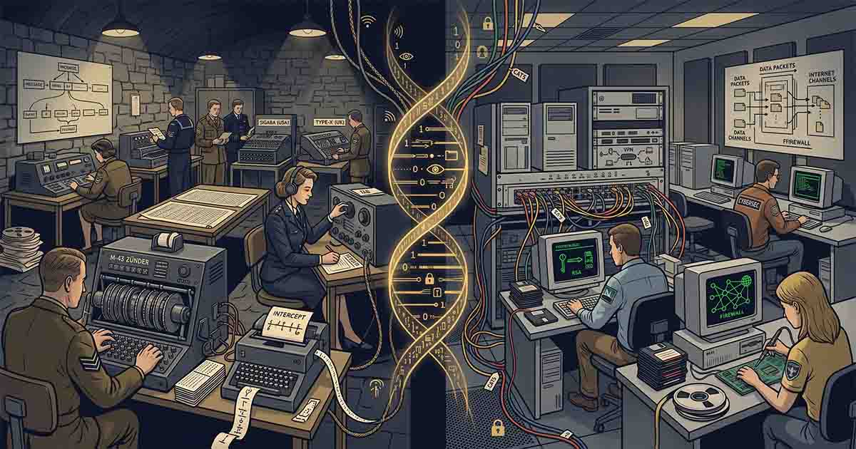 Illustration contrasting World War II codebreakers and radio operators with 1990s computer technicians working on network security, linked by flowing encrypted data.