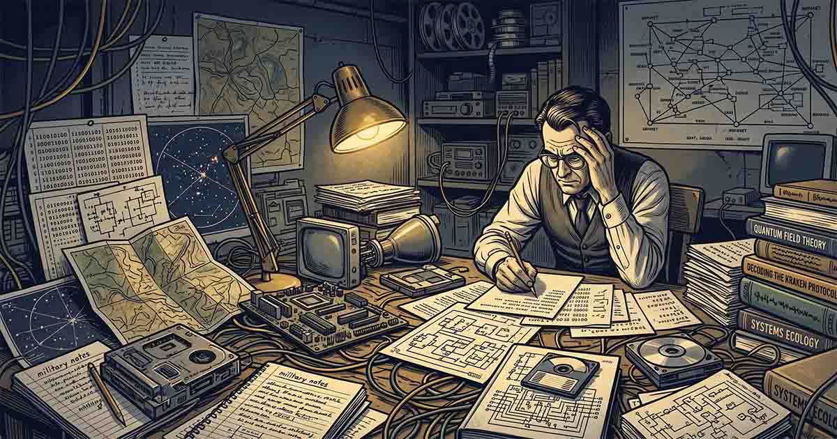 Illustration of a weary mathematician surrounded by tangled cables, maps, computer equipment, technical diagrams, notebooks, and stacks of papers.