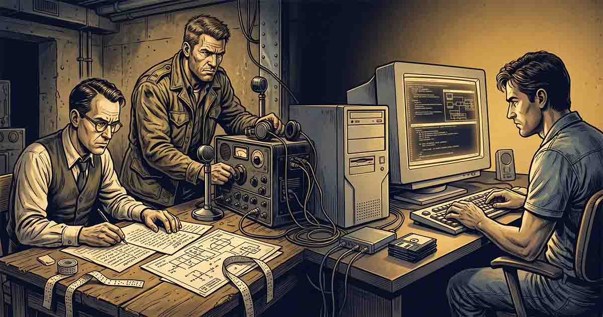 Illustration of a wartime mathematician and military radio technician working beside a 1990s computer programmer, symbolizing technical skill and problem solving.