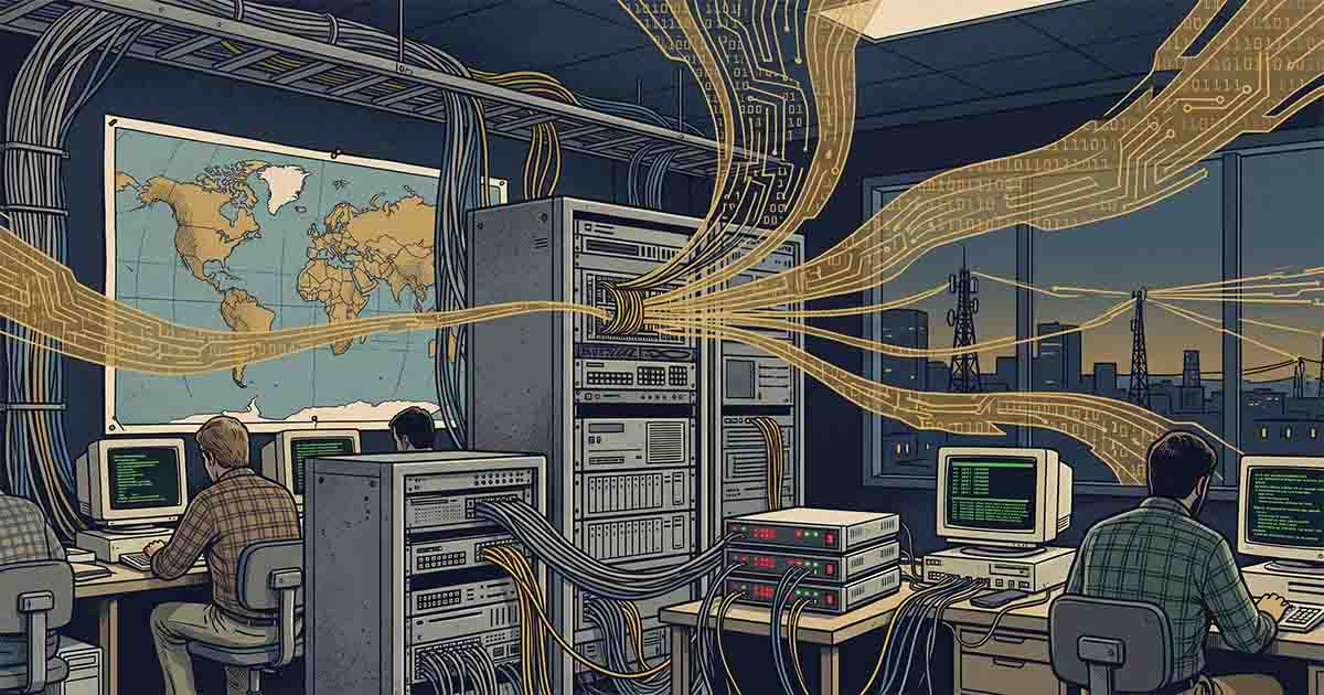 Illustration of a late 1990s computer network room with server racks, beige monitors, a world map, and glowing data streams spreading across global communications lines.