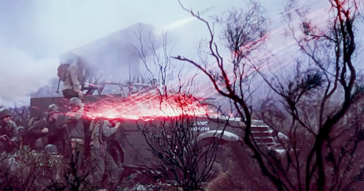 U.S. soldiers and a military vehicle under Martian energy fire in "The War of the Worlds" (1953).