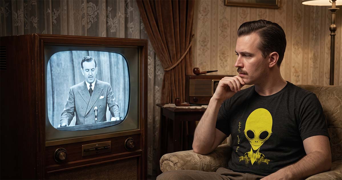 Man wearing a black Yellow Conehead Alien T-shirt while watching a vintage science fiction broadcast on an old television.