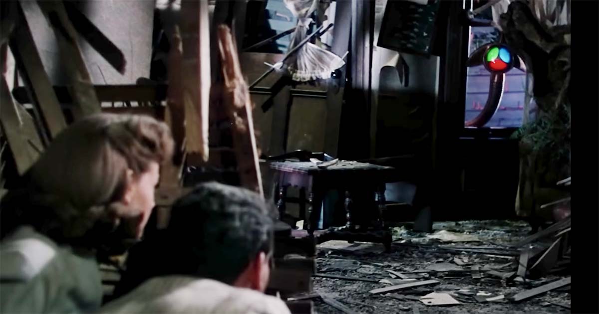 Clayton Forrester and Sylvia Van Buren hide from a Martian probe inside a ruined farmhouse in "The War of the Worlds" (1953).