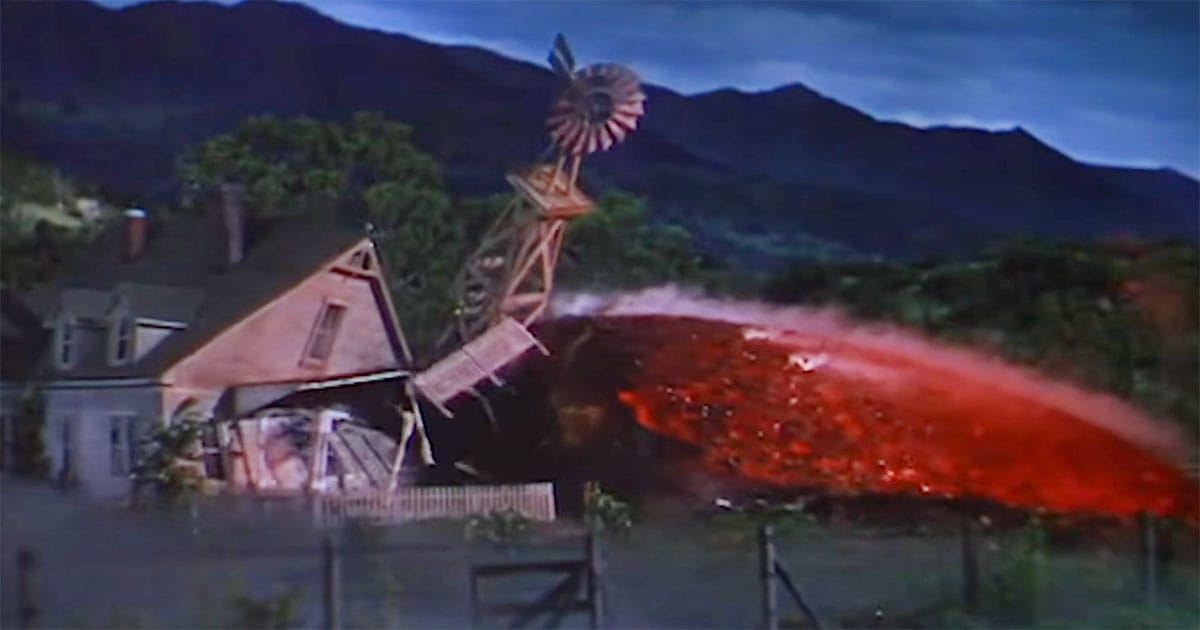A farmhouse and windmill are destroyed by a Martian energy weapon in "The War of the Worlds" (1953).
