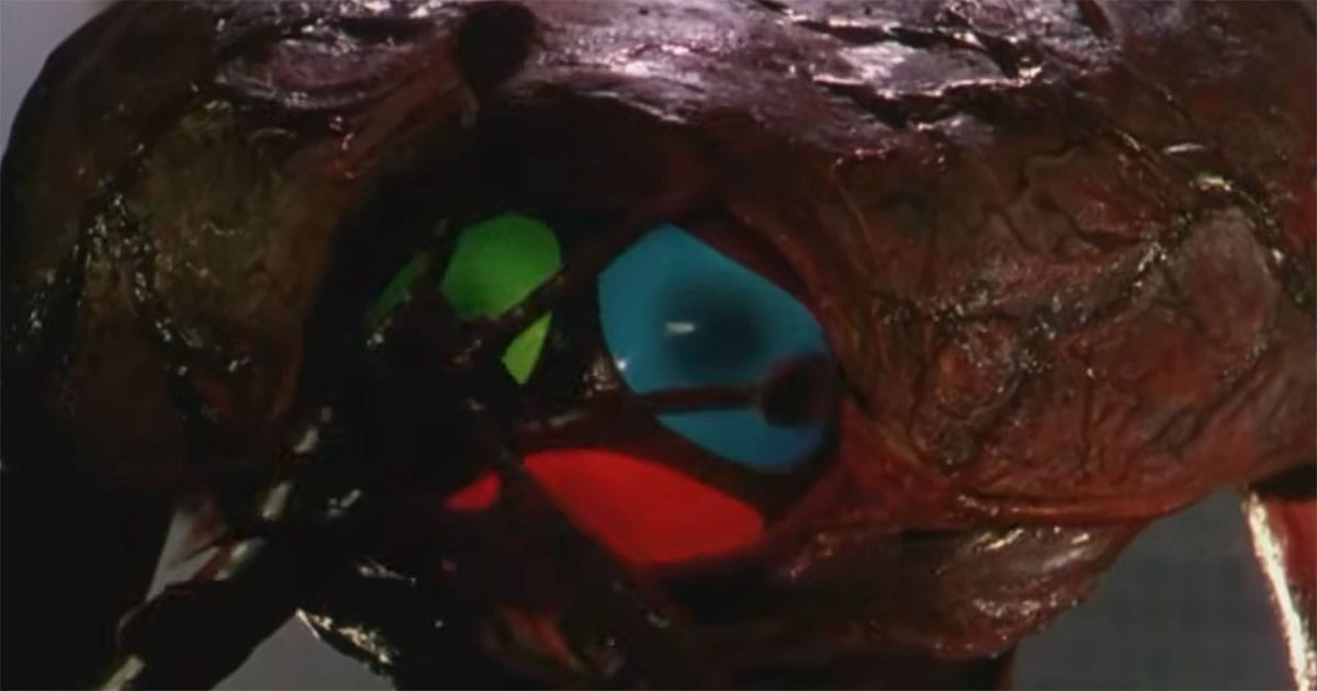 Close-up of a Martian with red, green, and blue eyes in "The War of the Worlds" (1953).
