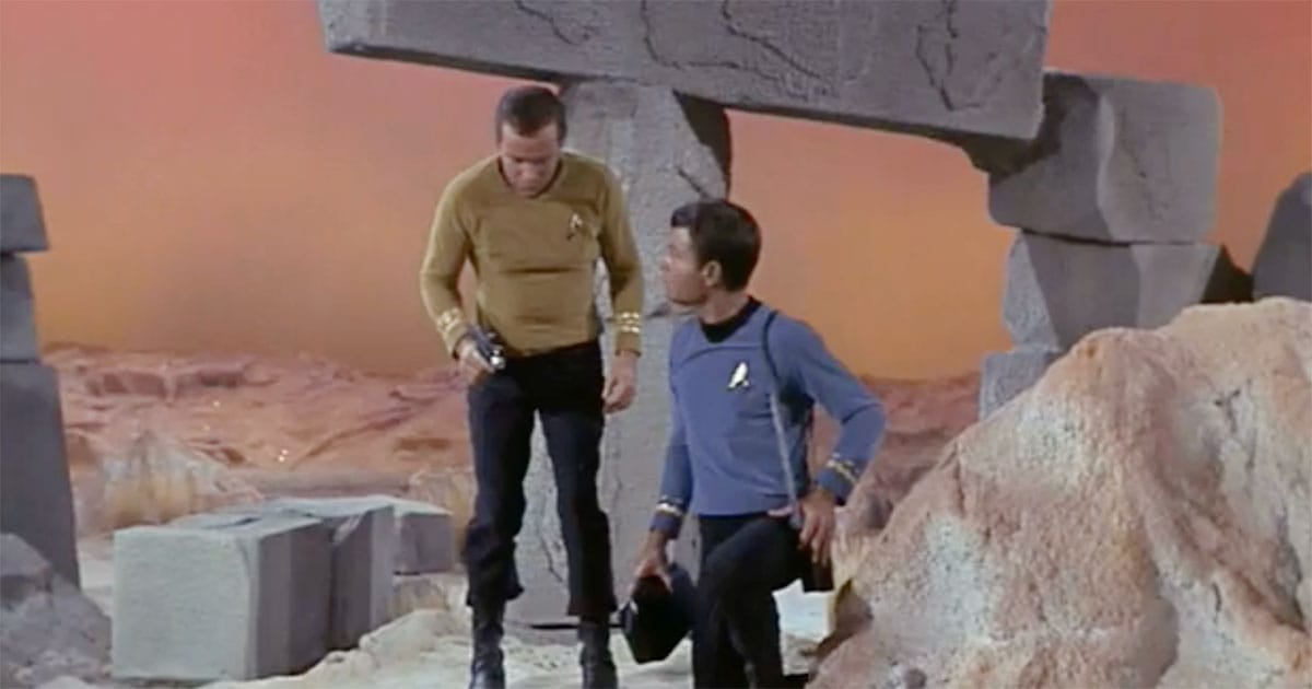 Kirk and McCoy explore the rocky alien landscape of M-113 in the original "Star Trek."