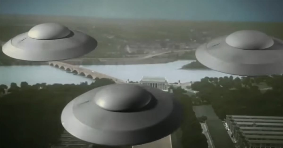 Three flying saucers hover over Washington, D.C., in "Earth vs. the Flying Saucers" (1956).