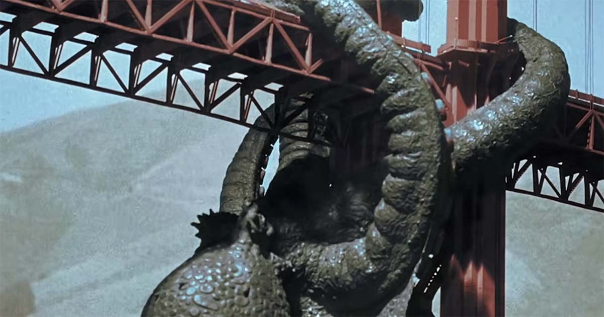 Giant octopus wraps its tentacles around the Golden Gate Bridge in "It Came from Beneath the Sea" (1955).
