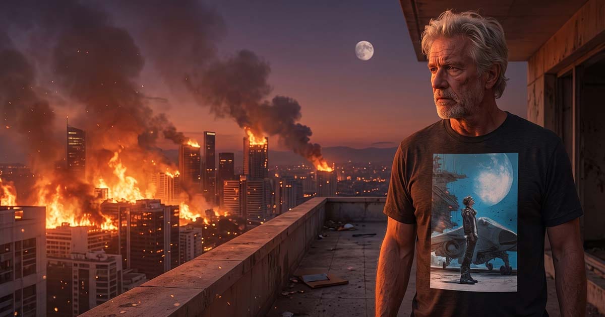 Older man wearing "The Pilot Beneath the Twin Moons" science-fiction T-shirt on a rooftop overlooking a burning futuristic city.