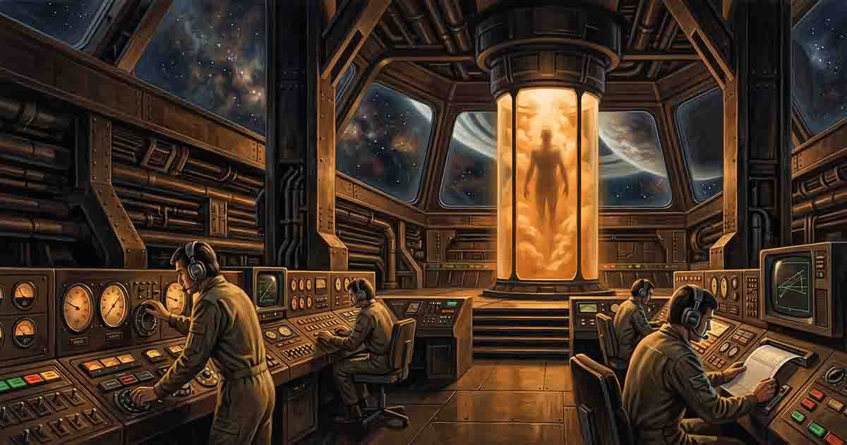 Technicians work at analog control panels aboard a spacecraft while a human Navigator floats in a glowing orange chamber against a backdrop of stars and planets.