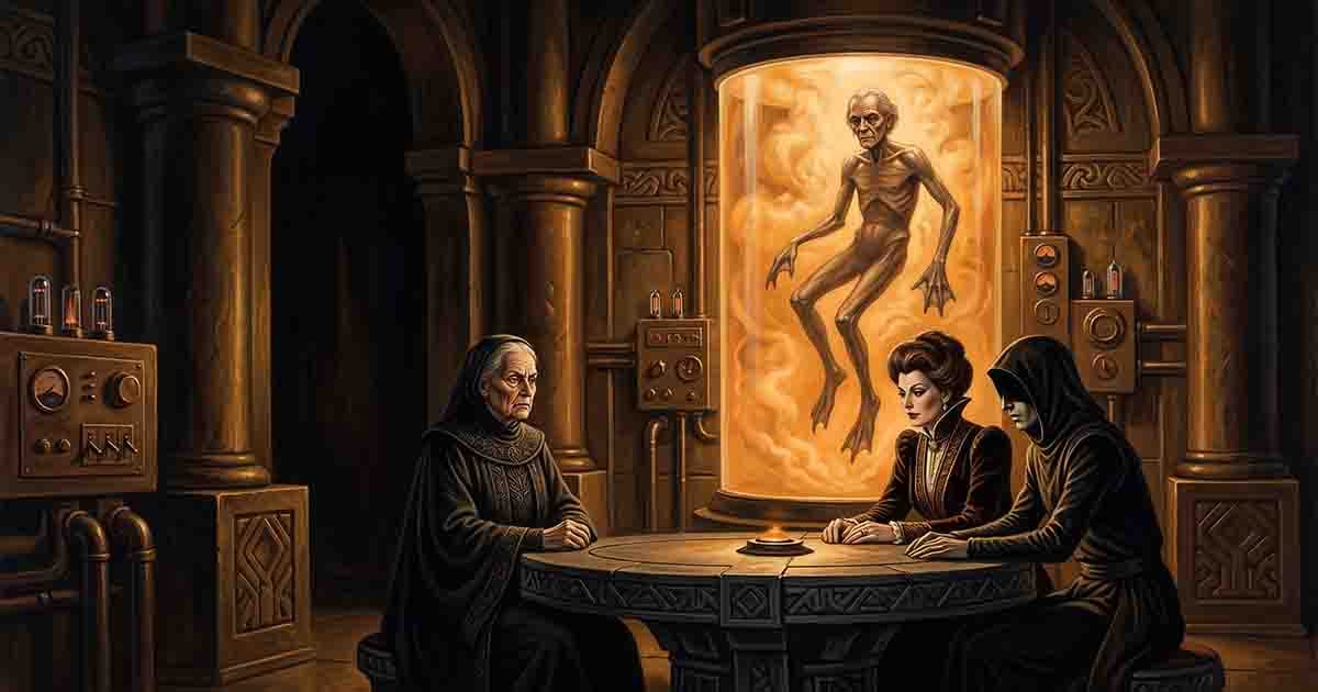 An elderly woman, a noblewoman, and a shadowed conspirator meet beneath a transformed Navigator floating in a glowing orange chamber.