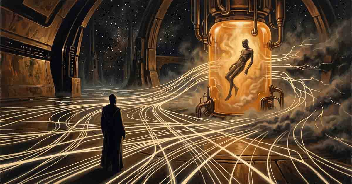 A dark-robed figure faces a transformed Navigator in an orange chamber as countless glowing paths branch, cross, and disappear around them.
