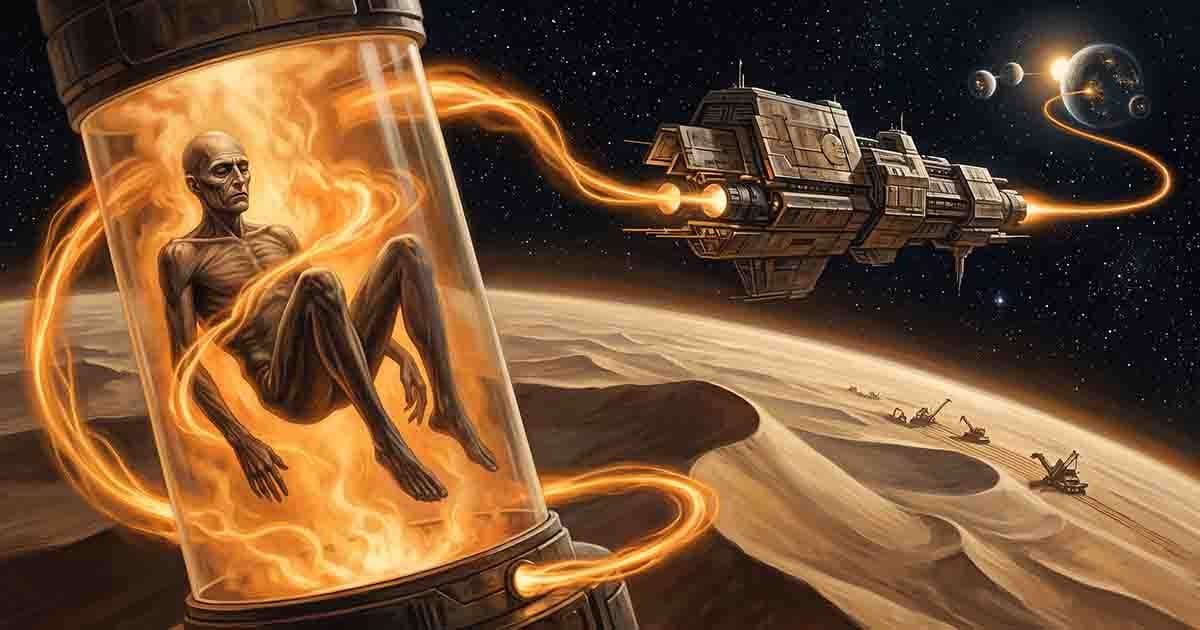 A transformed Navigator floats in orange vapor above a desert world as a glowing path connects him to a starship and distant planets.