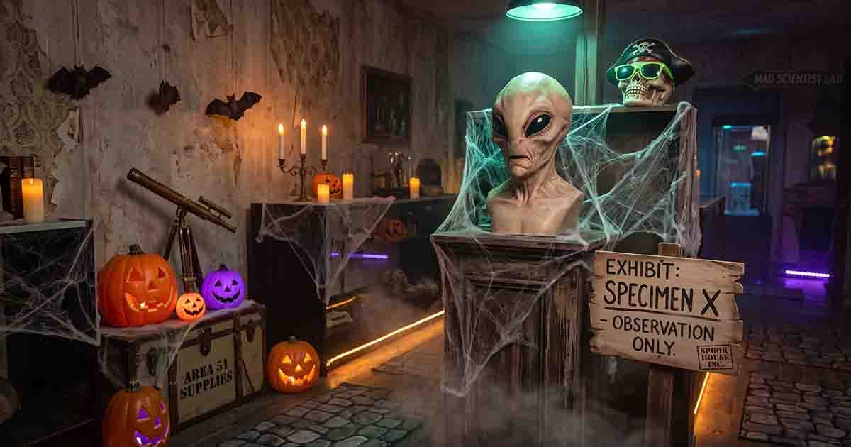 Classic gray alien head displayed as Specimen X in a spooky Halloween laboratory with pumpkins and cobwebs.