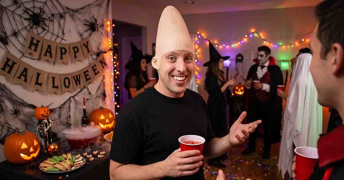 Man wearing a tall cone-shaped alien headpiece at a decorated Halloween party.