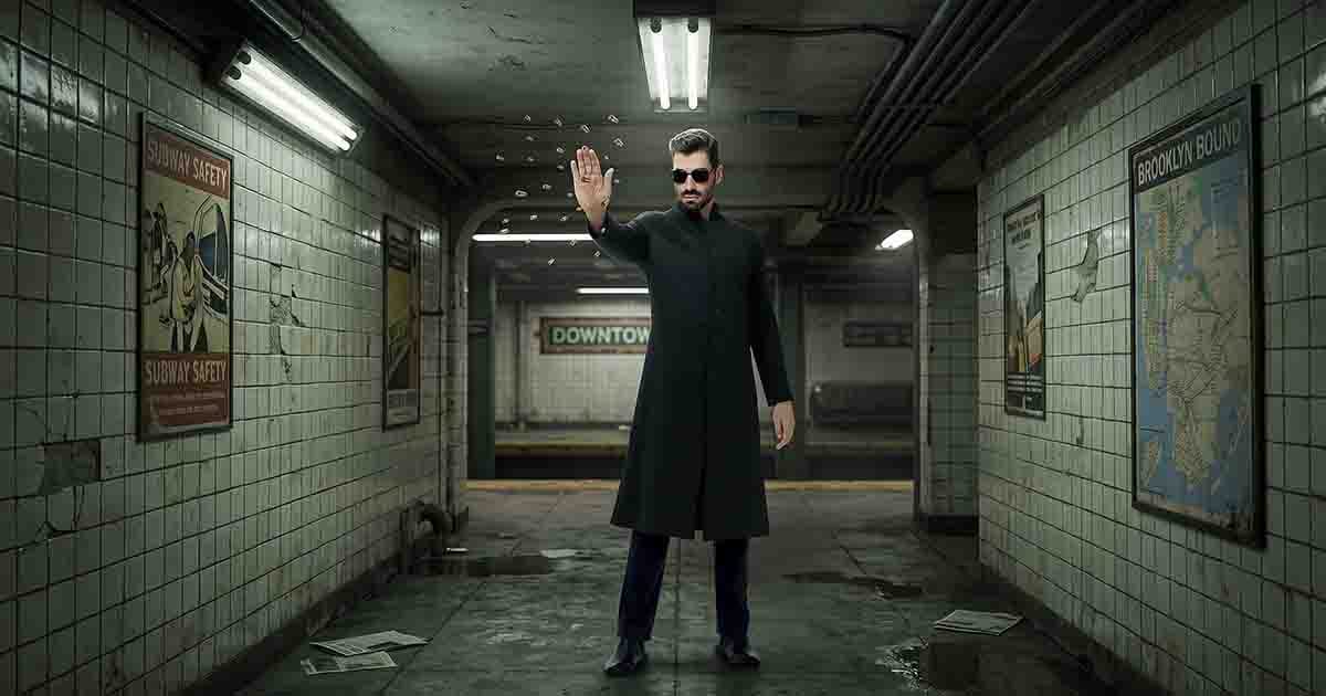 Man dressed as Neo from The Matrix in a long black coat and sunglasses inside a subway station.