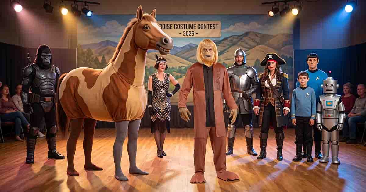 Dr. Zaius costume from Planet of the Apes standing among science fiction and fantasy characters at a costume contest.