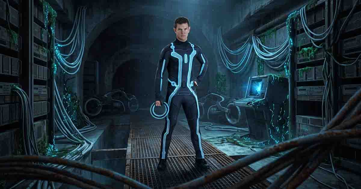 Man in a glowing blue Tron-style suit holding a light disc in a decaying futuristic computer chamber.