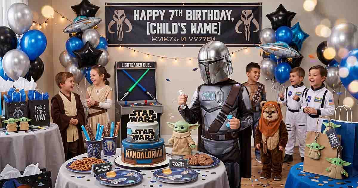 Child in a Mandalorian costume at a Star Wars-themed birthday party with Grogu decorations and other costumed children.