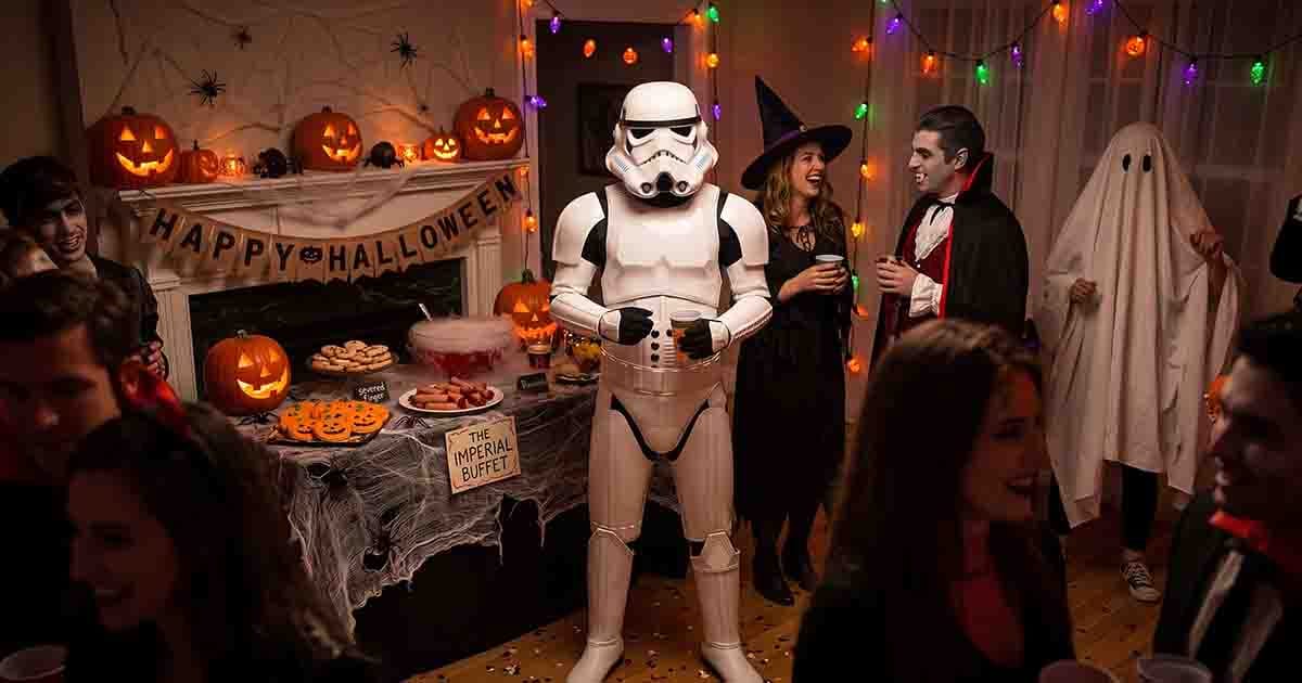Stormtrooper in white Star Wars armor standing at a Halloween party with pumpkins, decorations, and costumed guests.
