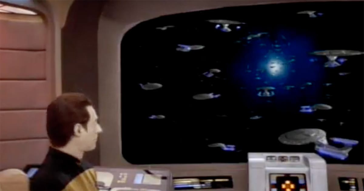 Data looks out at countless alternate Enterprises in the "Star Trek: The Next Generation" episode "Parallels."