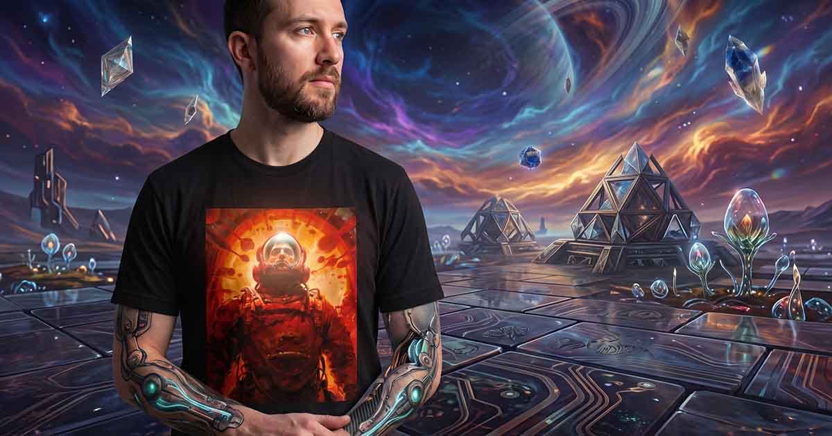 Man wearing a black T-shirt with a red cosmonaut illustration in a futuristic alien landscape.